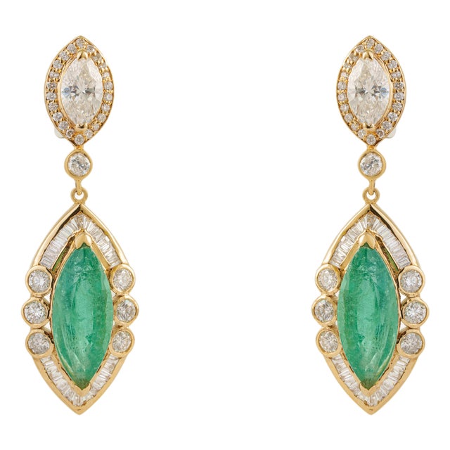 14k Yellow Gold 6.9ct Emerald & 3.24ct Diamond Art Deco Earrings- 2 Pieces For Sale