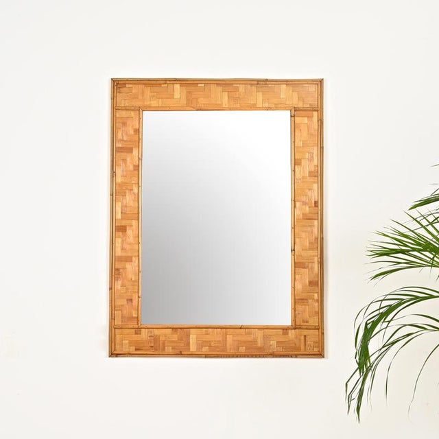 Large French Riviera Rectangular Mirror in Bamboo and Woven Rattan, Italy, 1960s For Sale - Image 4 of 13