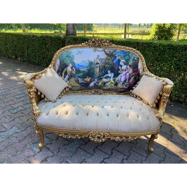 1950's Settee in French Louis XVI in Gold Leaf Beech and Tan Velvet