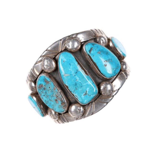 Vintage Native American Turquoise/sterling cuff bracelet. Nice old cuff circa mid 20th century, some fizzures in stones...