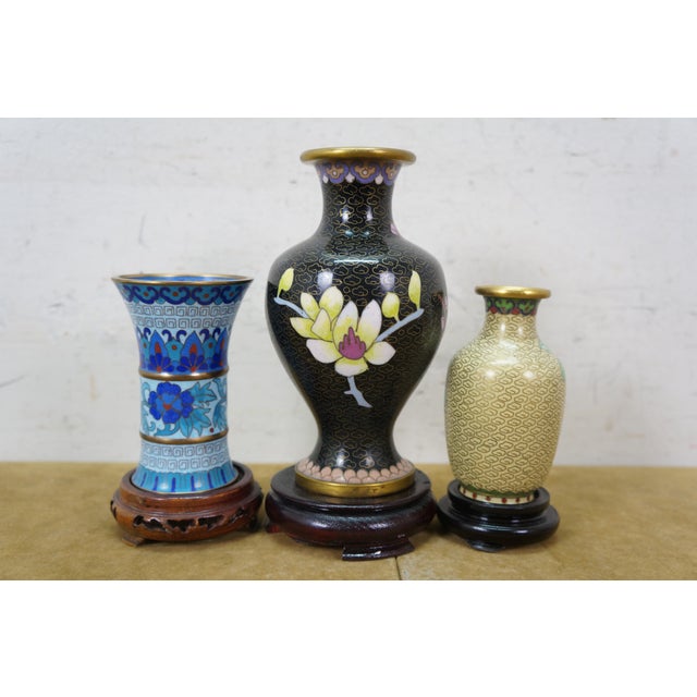 6 Chinese Brass Cloisonne Enameled Floral Vases Brush Bowls Ashtray Dishes For Sale - Image 15 of 17