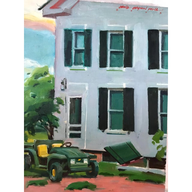 Realism Green Tractor in Front of White House Original Oil Painting For Sale - Image 3 of 4