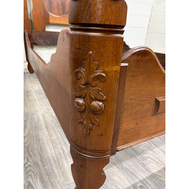 Victorian Antique Full Size Victorian Eastlake Carved Walnut and Flame Mahogany Bed For Sale - Image 3 of 14