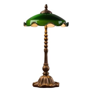 Dark Green Glass & Retro Copper Lamp For Sale