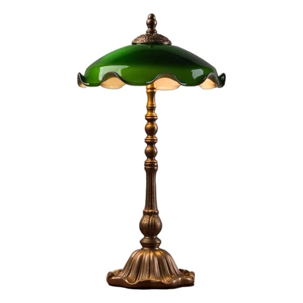 Dark Green Glass & Retro Copper Lamp For Sale