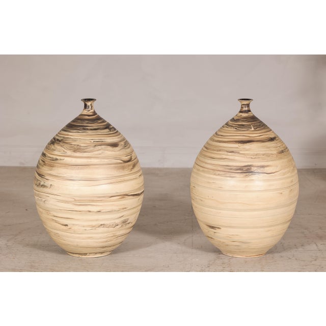 Late 20th Century Large Artisan Ceramic Floor Vases with Cream and Brown Swirled Glaze (Sold Each) For Sale - Image 9 of 18