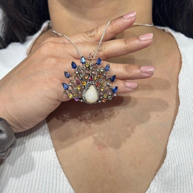 Celestial Fan Brooch Pendant With Opal, Sapphires & Diamonds For Sale - Image 10 of 12