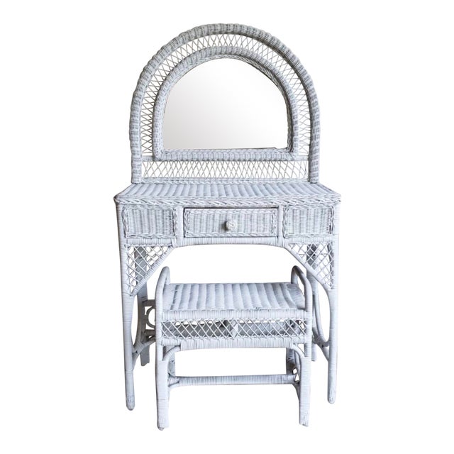Shabby Chic White Wicker Vanity with Stool 2 Pieces Chairish