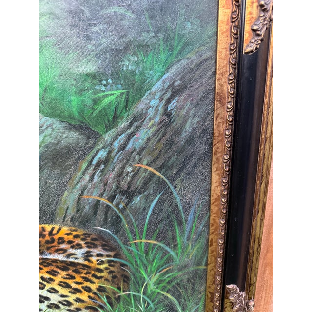 Vintage Oil on Canvas Leopard in Tropical Landscape, Ornate Gilt Frame For Sale - Image 4 of 7