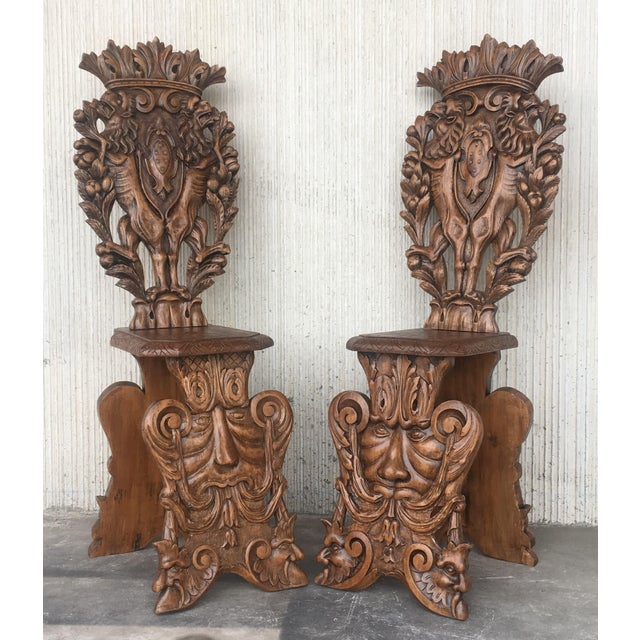 Pair of 18th Century Italian Renaissance Lion Carved Walnut Sgabello Hall Chairs For Sale - Image 4 of 18