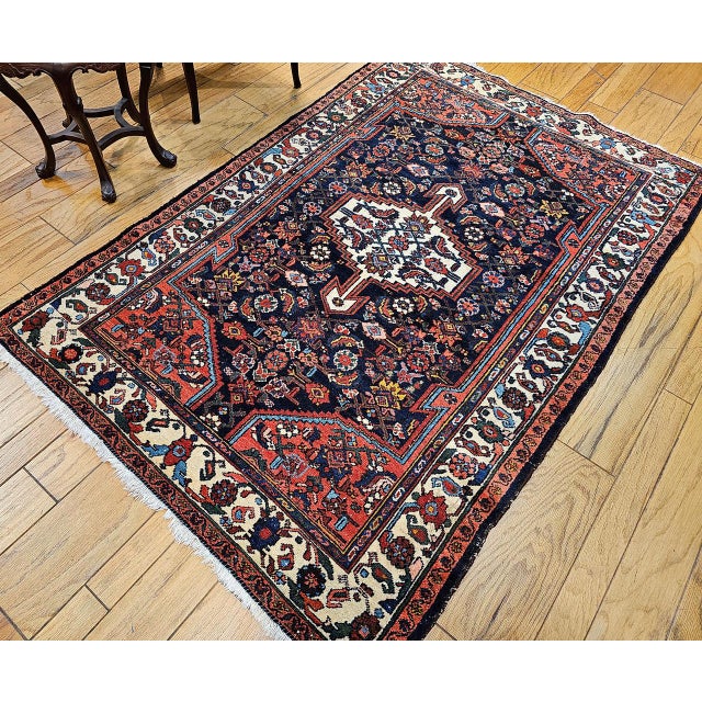 Persian Vintage Persian Bakhtiari Rug, Handwoven Wool, Floral Pattern, Navy & Ivory, 5x7 For Sale - Image 3 of 14