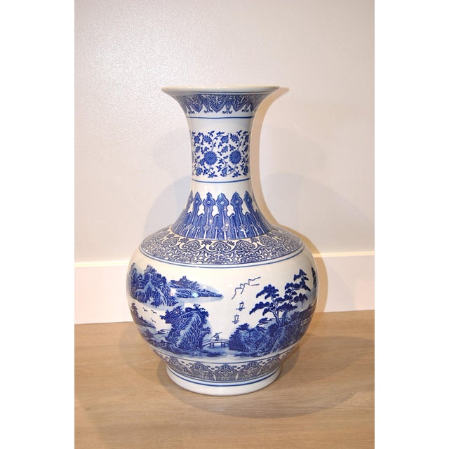1930s 1930s Large Blue White Globular Vase Landscape Pavilions Apocryphal Six-Character Mark For Sale - Image 5 of 14