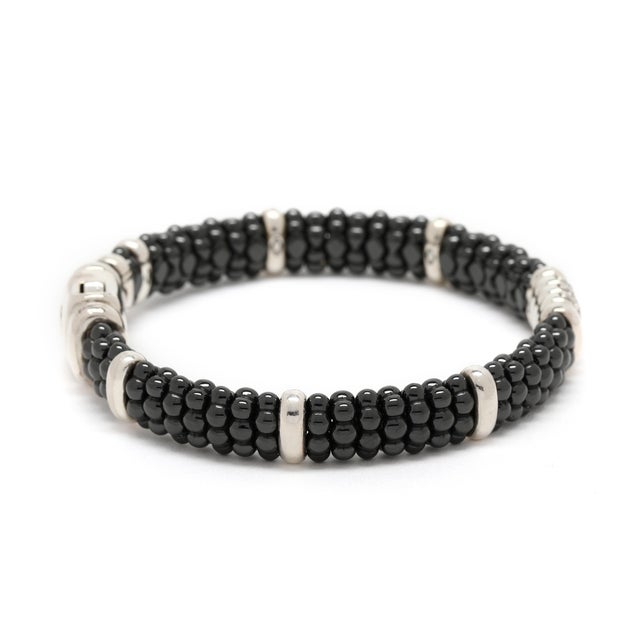 Early 21st Century Lagos Caviar .28ctw Diamond & Black Ceramic Bead Bracelet, Sterling Silver For Sale - Image 5 of 8
