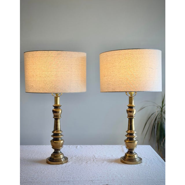 Metal Vintage Brass Neoclassical Hollywood Regency Baluster Table Lamps With Linen Drum Shades - a Pair For Sale - Image 7 of 12