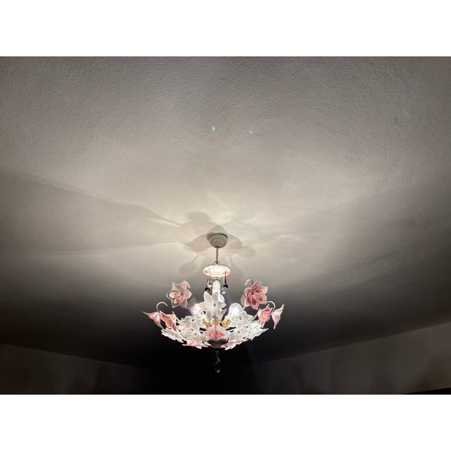 1980s Vintage Murano Style Floral Chandelier – Romantic Pink & White Glass Bouquet Light - Pair For Sale - Image 5 of 18