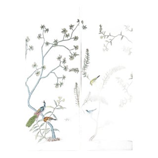 Chinoiserie Mural Hand Painted Wallpaper on Silver Metallic - 2 Panels For Sale
