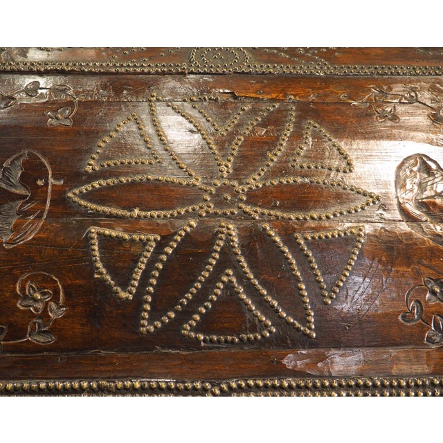 17th Century A Fascinating 17th Century Carved and Iron Studded French Trunk, Dated 1632 For Sale - Image 5 of 18