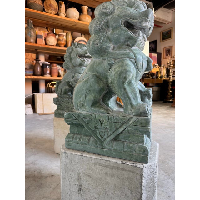 Pair of Large Vintage Chinese Green Soapstone Foo Dog Guardian Sculptures For Sale - Image 9 of 12