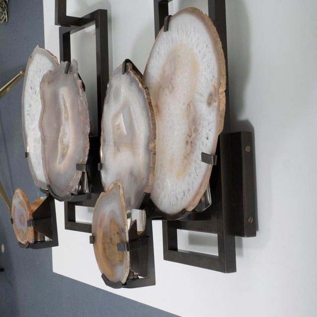 Pair of Cut Agate Wall Sconces With Rectangular Fabric Shades For Sale - Image 12 of 15