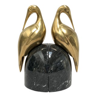 Art Deco Brass and Marble Egret or Crane Bookends – a Pair For Sale