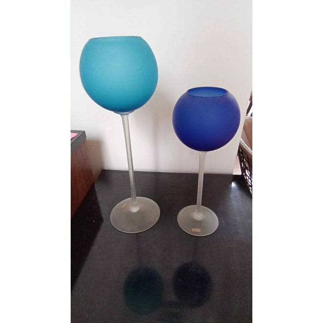 Stunning pair of vintage Carlo Moretti Satinato Murano glass vases in a rich cobalt blue. These elegant goblet-form vases...