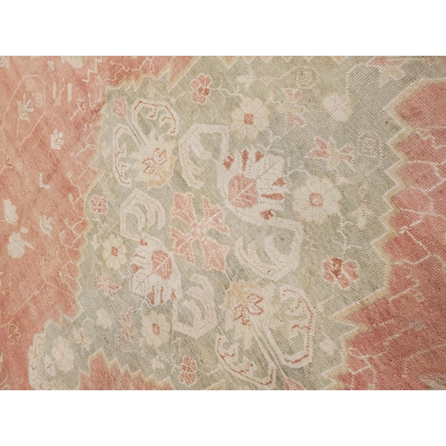 Traditional Antique Oushak Carpet, Oriental Rug, Handmade Ivory, Muted Coral, Soft Green For Sale - Image 3 of 13
