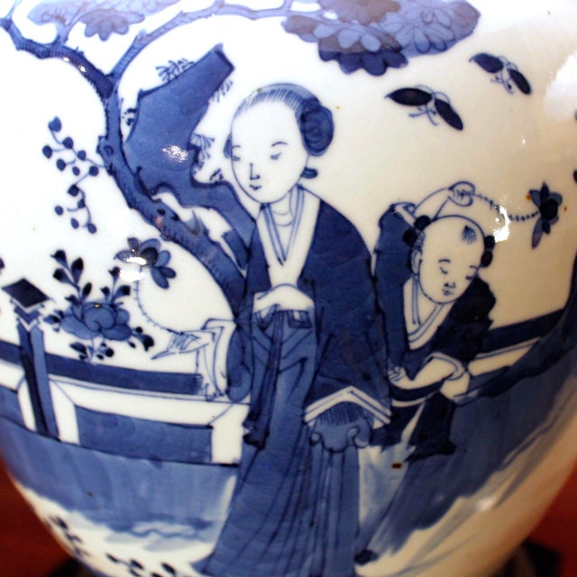 Pair of Chinese Blue and White Figural Decorated Ginger Jars Adapted Into Lamps For Sale - Image 10 of 12