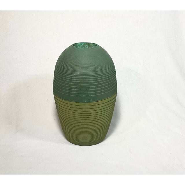Post-Modern corrugated cardboard vase, by Flute Chicago. Textured surface, green two-toned color scheme with a darker...
