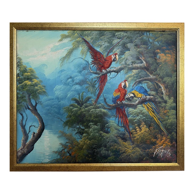 Vintage Tropical Parrot Oil Painting Signed 1996, Colorful Macaws Jungle Scene For Sale