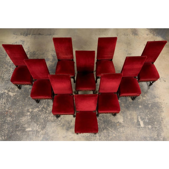 French Antique French Louis XIII Style Maple Dining Chairs in Red Velvet - Set of 10 For Sale - Image 3 of 18
