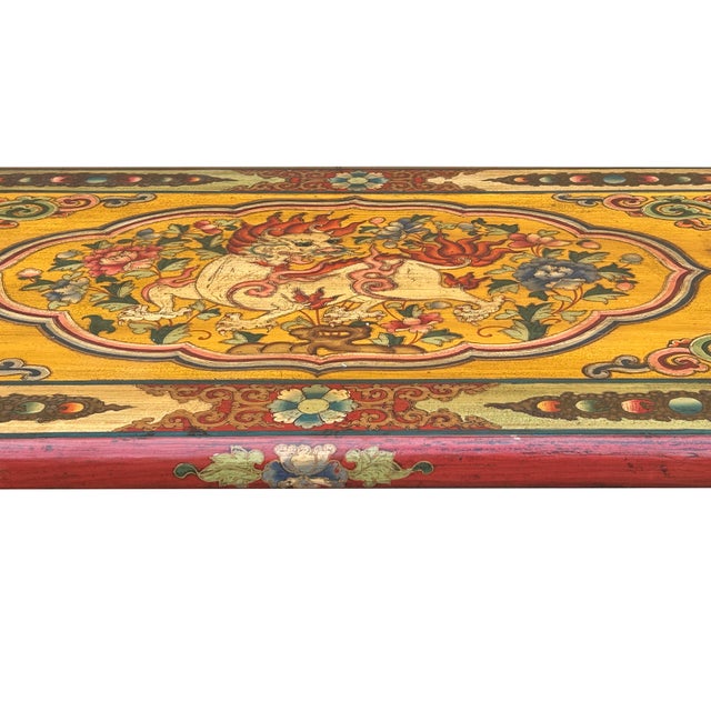 65.5"" Tibetan Style Yellow Red Lion Graphic Scroll Rectangular Coffee Table Stand For Sale - Image 11 of 12