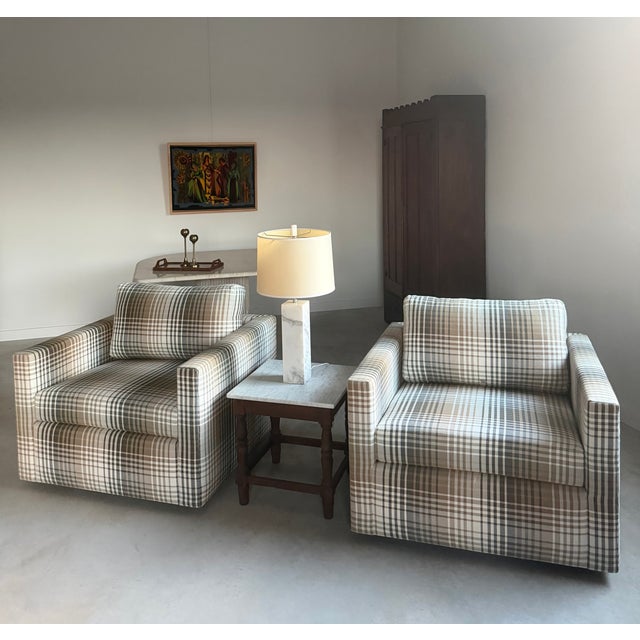 Mid-Century Modern Re-Upholstered Plaid Cube Lounge Chairs, a Pair For Sale - Image 3 of 18