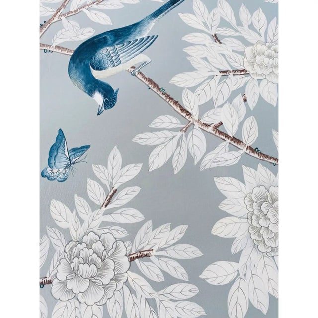 Chinoiserie Blue Grey Chinoiserie Panels Hand Painted Unframed Wallpaper Artworks - 3 Panels For Sale - Image 3 of 5