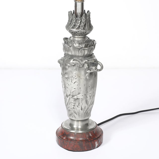 Metal Art Nouveau Rosso Levanto Marble Base & Pewter Table Lamp Signed E. Lelièvre For Sale - Image 7 of 16