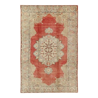 Classic Antique Sivas Rug Turkish in Medallion Design With Coral Red Field & Light Green For Sale