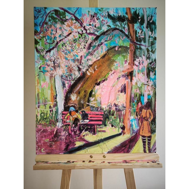 This painting depicts a tree in full bloom, its sinuous branches covered in vibrant pink blossoms, contrasting beautifully...