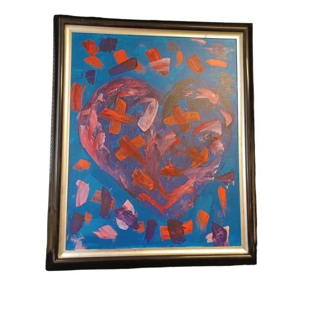 Late 20th Century Vintage Framed Mixed Media Painting of Heart on Canvas Signed For Sale - Image 5 of 5