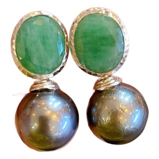 Bochic "Capri" Vintage Tahiti South Sea Pearl & Emerald Earrings 18K Gold & Silver For Sale
