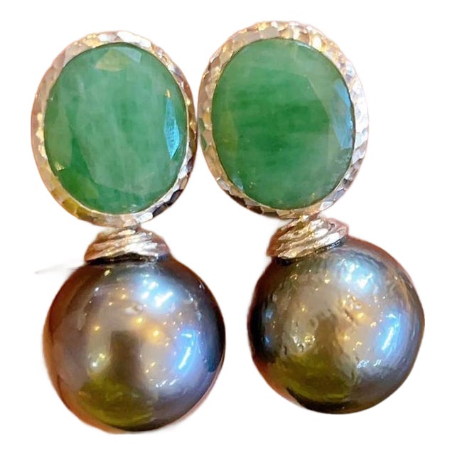 Bochic "Capri" Vintage Tahiti South Sea Pearl & Emerald Earrings 18K Gold & Silver For Sale
