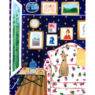 "Whippet in Suffolk Interior" Contemporary Modernist Mixed-Media Painting by Alexandra Swistak For Sale