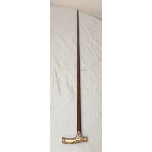 Antique 19th Century Victorian Chased Yellow Gold Filled Wood Walking Stick Cane For Sale - Image 12 of 13