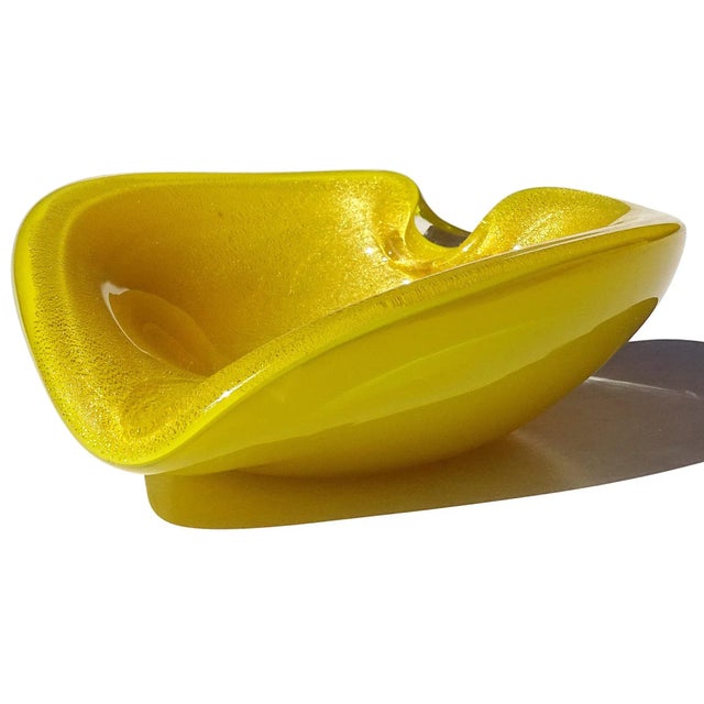 Murano Vintage Murano Bright Golden Yellow Gold Flecks Italian Art Glass Heart Shape Bowl Ashtray For Sale - Image 4 of 8