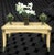 A large wonderful wicker and bamboo Coastal regency carved palm tree top dining table or desk. The table features 2 large...