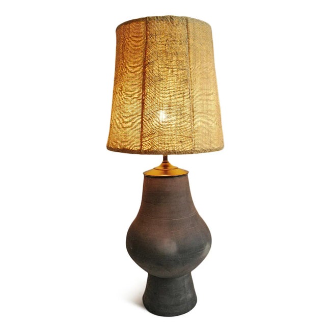2020s Black Earth Ware Burlap Shade Table Lamp For Sale - Image 5 of 12