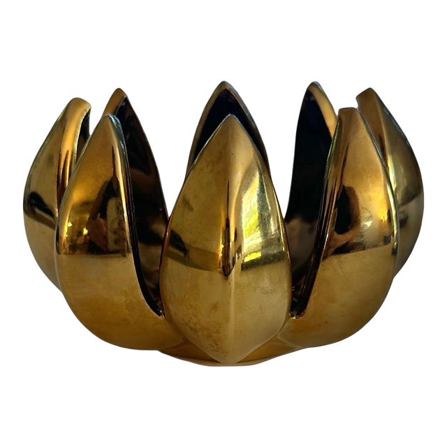 Gloss Metallic Gold Glaze Ceramic Lotus Votive Holder Hollywood Regency Style For Sale