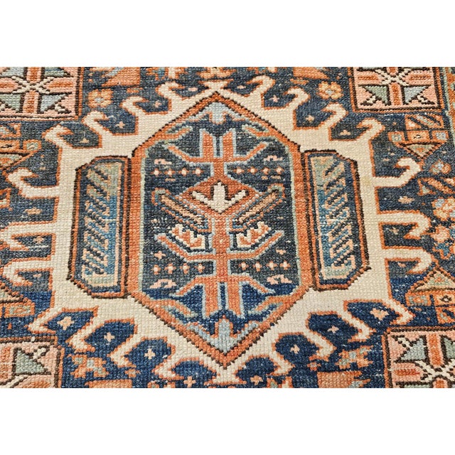 19th Century Persian Heriz Karajeh Rug, Hand-Knotted Wool, Geometric Pattern, Blue & Green, 4x5 For Sale - Image 12 of 16