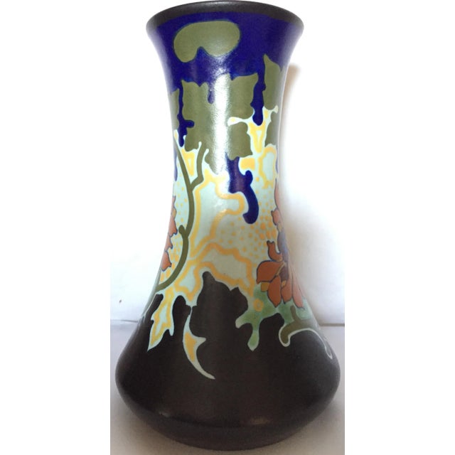 Mid-20th Century Blue and Black Gouda Vase. Ceramic vase in a matte glaze, with a wide base and tapered neck, black & blue...