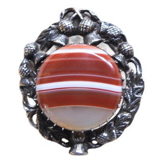 1956 Century Banded Agate Scottish Thistle Sterling Brooch For Sale