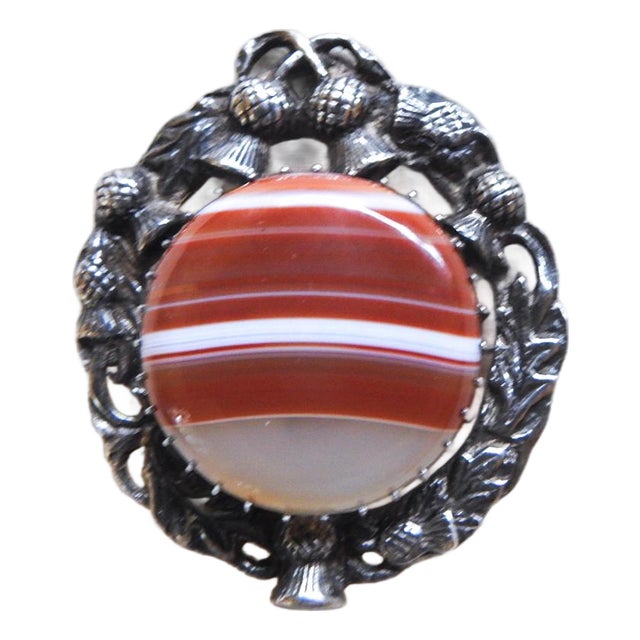 1956 Century Banded Agate Scottish Thistle Sterling Brooch For Sale