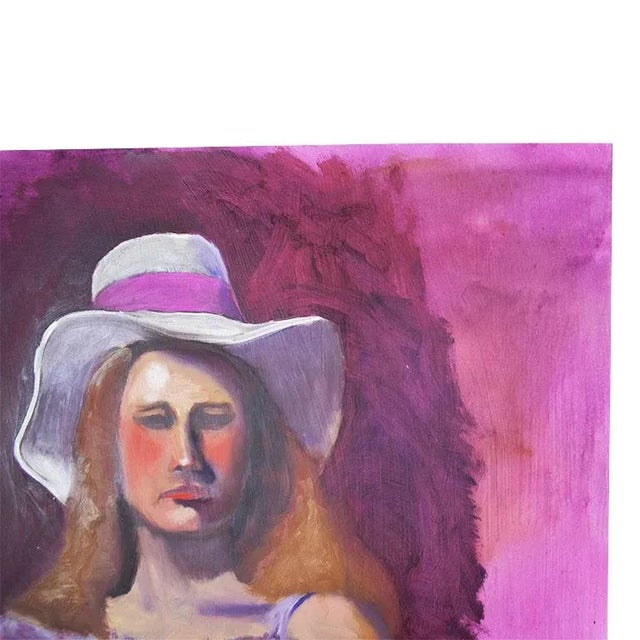 Hot Pink Portrait Painting of a Woman - 1970s 23" X 17.5" For Sale - Image 4 of 9